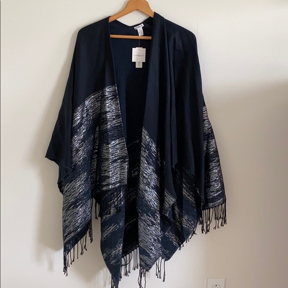 croft & barrow Sweaters - Navy Blue Metallic Fringe Poncho Shawl/Wrap